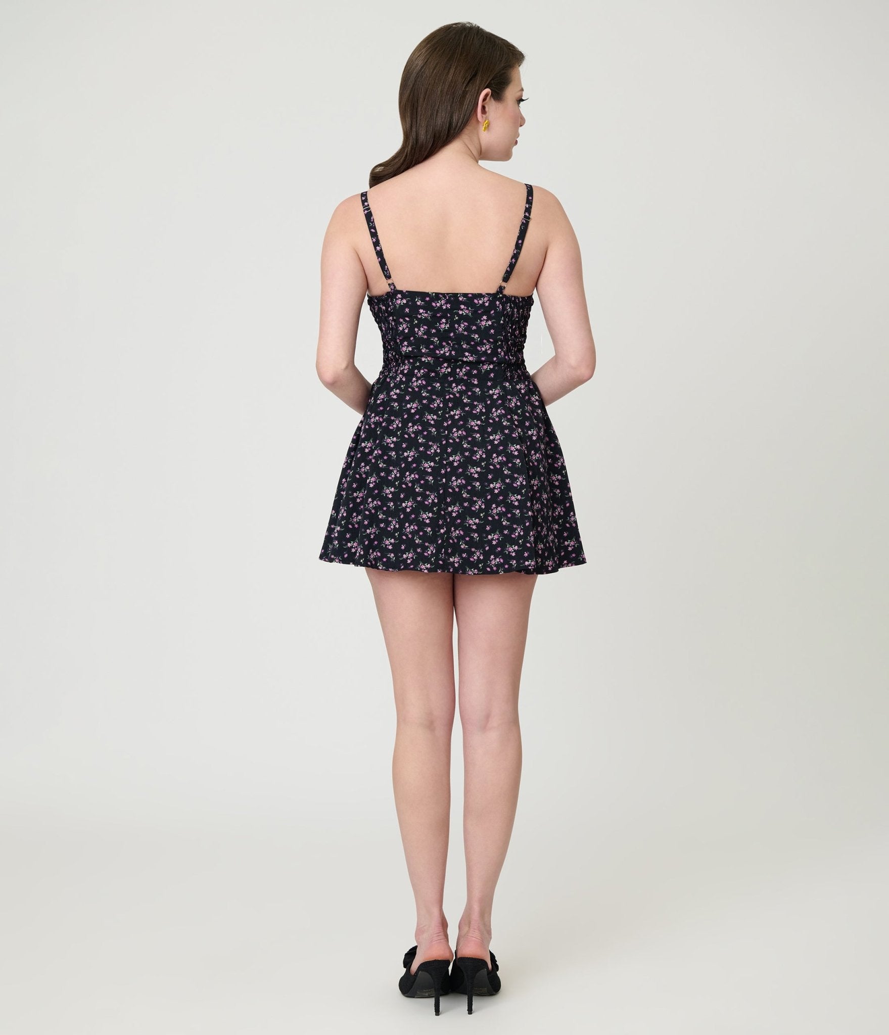Unique Vintage Black Ditzy Floral Sweetheart Skirted Romper