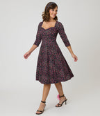 Unique Vintage Black Ditzy Rose Pleated Bust Swing Dress - Unique Vintage - Womens, DRESSES, SWING