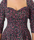 Unique Vintage Black Ditzy Rose Pleated Bust Swing Dress - Unique Vintage - Womens, DRESSES, SWING