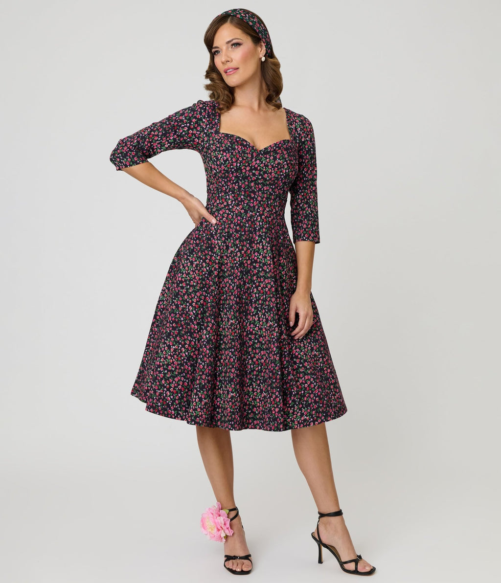 Unique Vintage Black Ditzy Rose Pleated Bust Swing Dress - Unique Vintage - Womens, DRESSES, SWING
