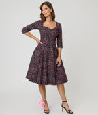 Unique Vintage Black Ditzy Rose Pleated Bust Swing Dress - Unique Vintage - Womens, DRESSES, SWING