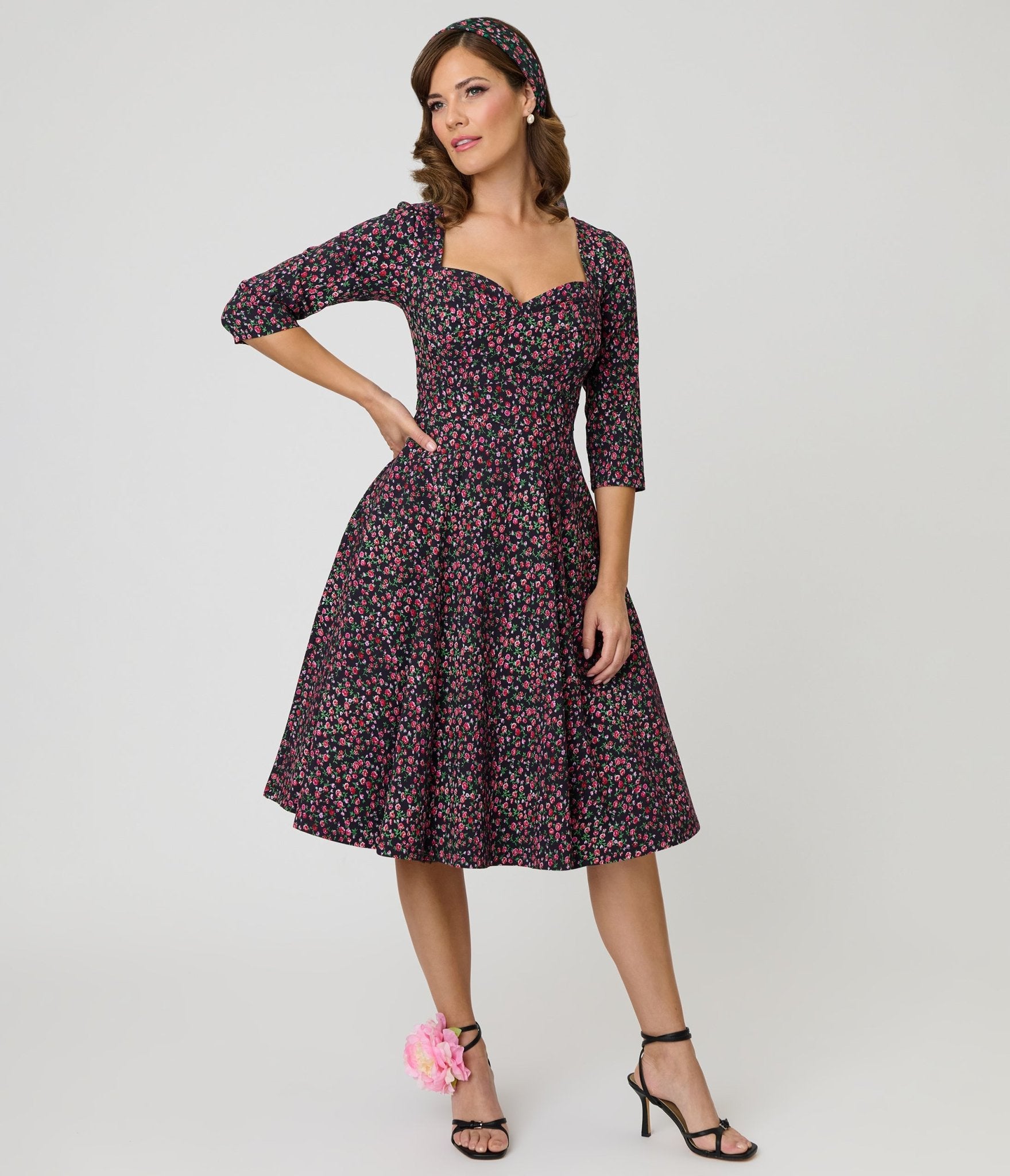 Unique Vintage Black Ditzy Rose Pleated Bust Swing Dress - Unique Vintage - Womens, DRESSES, SWING