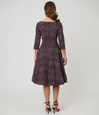 Unique Vintage Black Ditzy Rose Pleated Bust Swing Dress - Unique Vintage - Womens, DRESSES, SWING