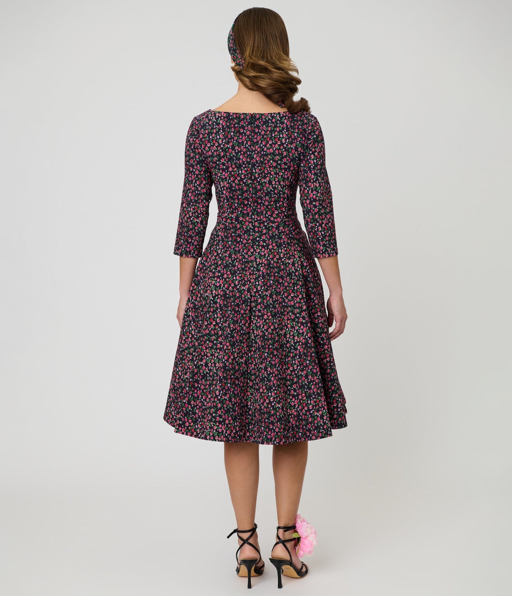 Unique Vintage Black Ditzy Rose Pleated Bust Swing Dress - Unique Vintage - Womens, DRESSES, SWING