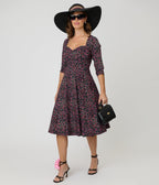 Unique Vintage Black Ditzy Rose Pleated Bust Swing Dress - Unique Vintage - Womens, DRESSES, SWING