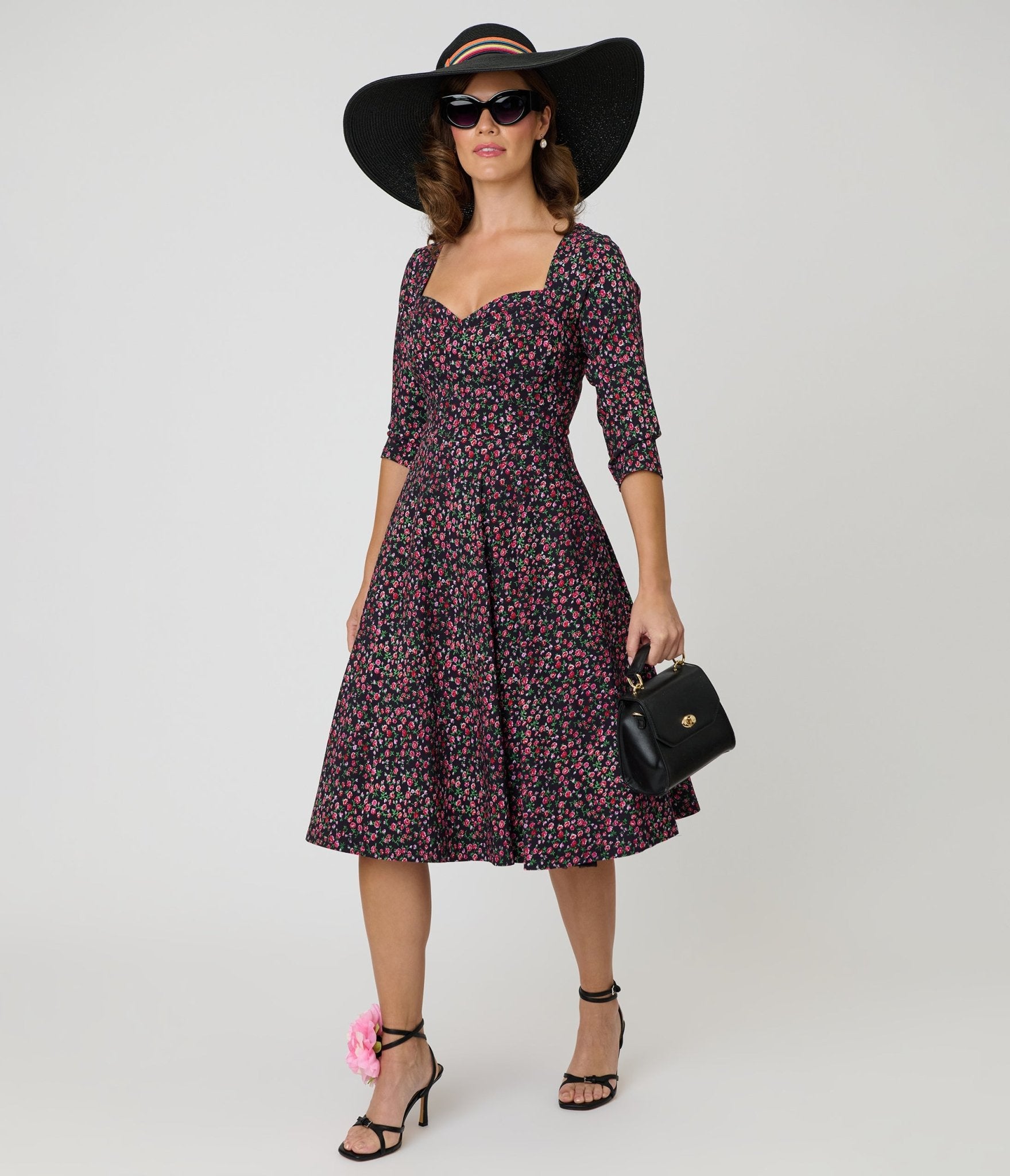 Unique Vintage Black Ditzy Rose Pleated Bust Swing Dress - Unique Vintage - Womens, DRESSES, SWING