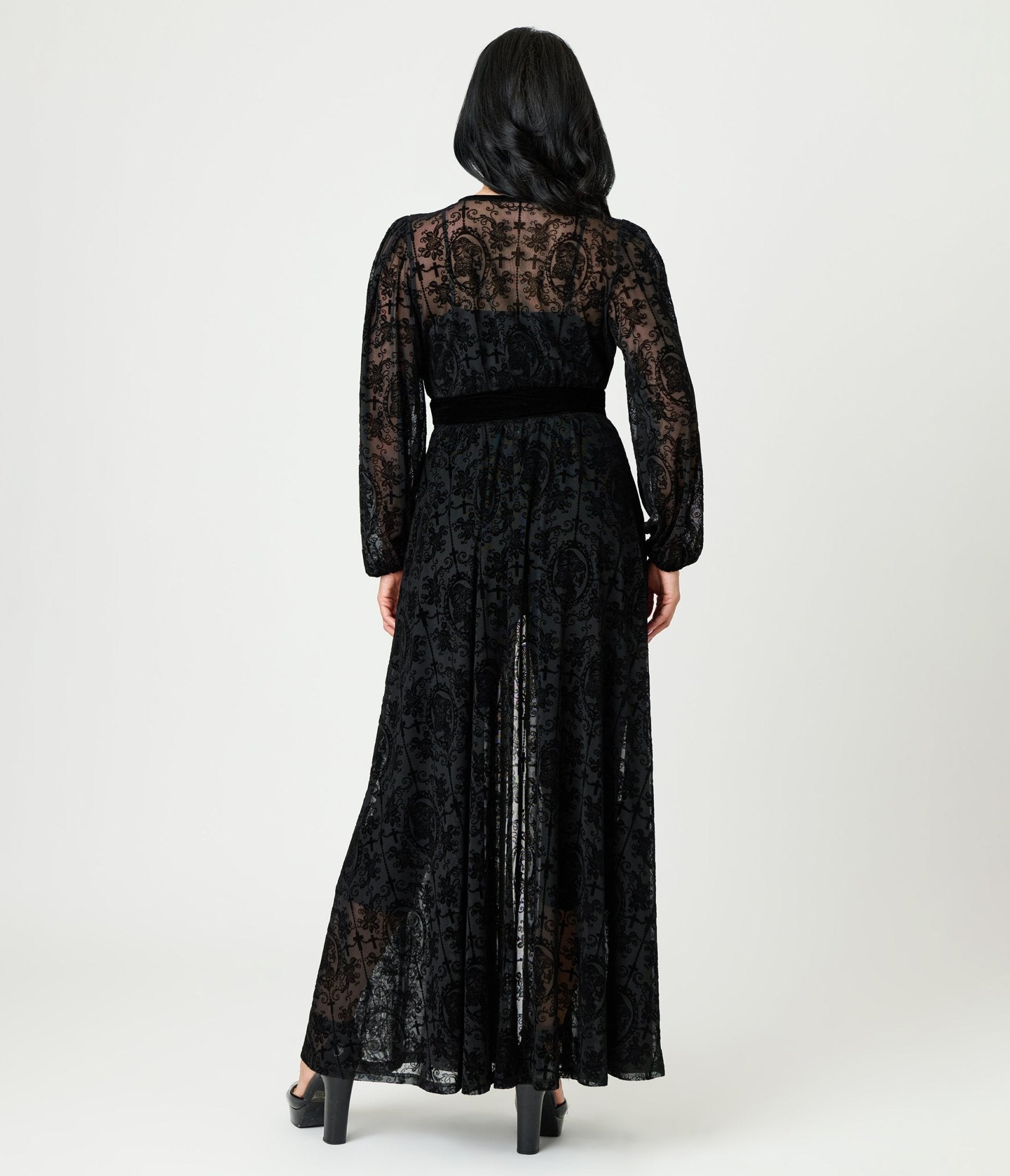 Unique Vintage Black Flocked La Caterina Hollywood Duster - Unique Vintage - Womens, DRESSES, MAXI