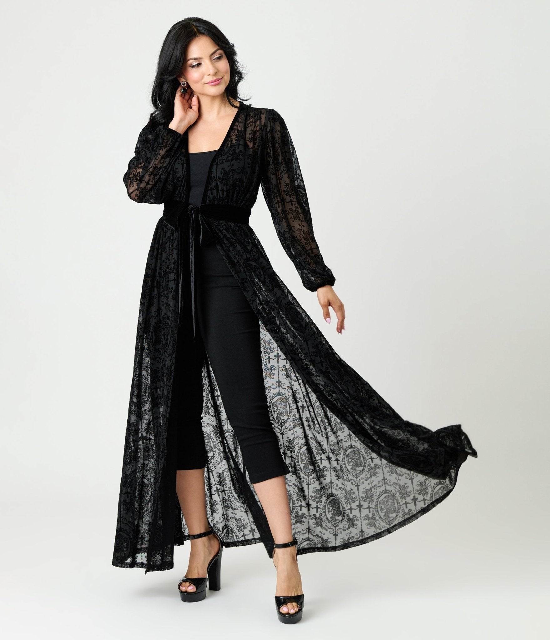 Unique Vintage Black Flocked La Caterina Hollywood Duster - Unique Vintage - Womens, DRESSES, MAXI
