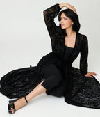 Unique Vintage Black Flocked La Caterina Hollywood Duster - Unique Vintage - Womens, DRESSES, MAXI