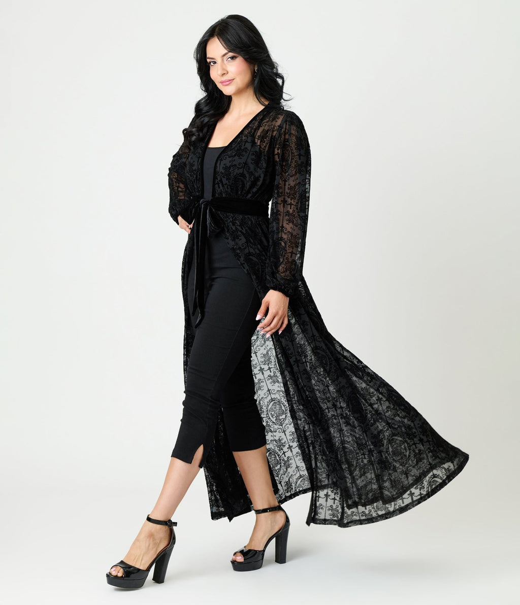 Unique Vintage Black Flocked La Caterina Hollywood Duster - Unique Vintage - Womens, DRESSES, MAXI