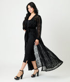 Unique Vintage Black Flocked La Caterina Hollywood Duster - Unique Vintage - Womens, DRESSES, MAXI