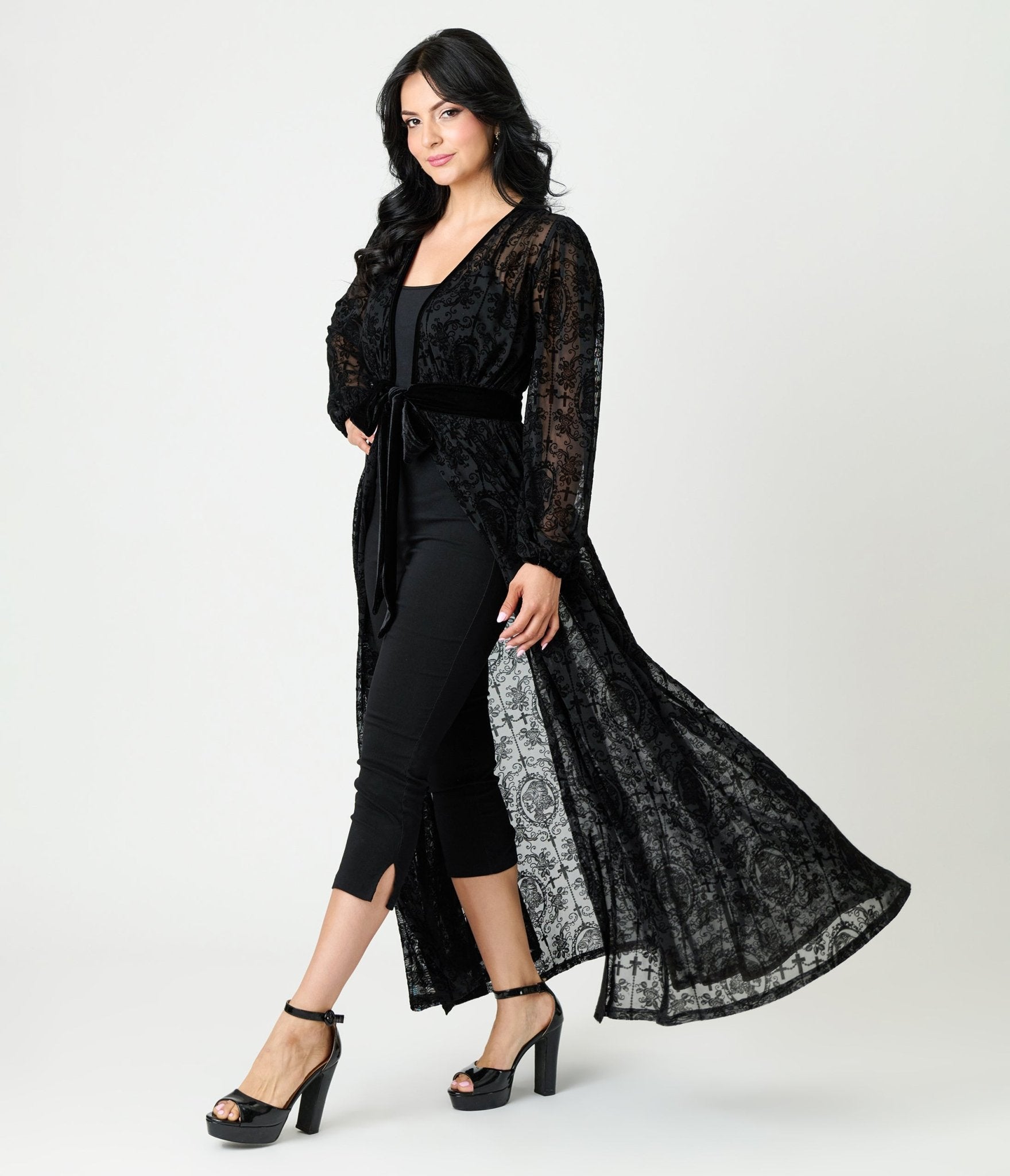 Unique Vintage Black Flocked La Caterina Hollywood Duster - Unique Vintage - Womens, DRESSES, MAXI