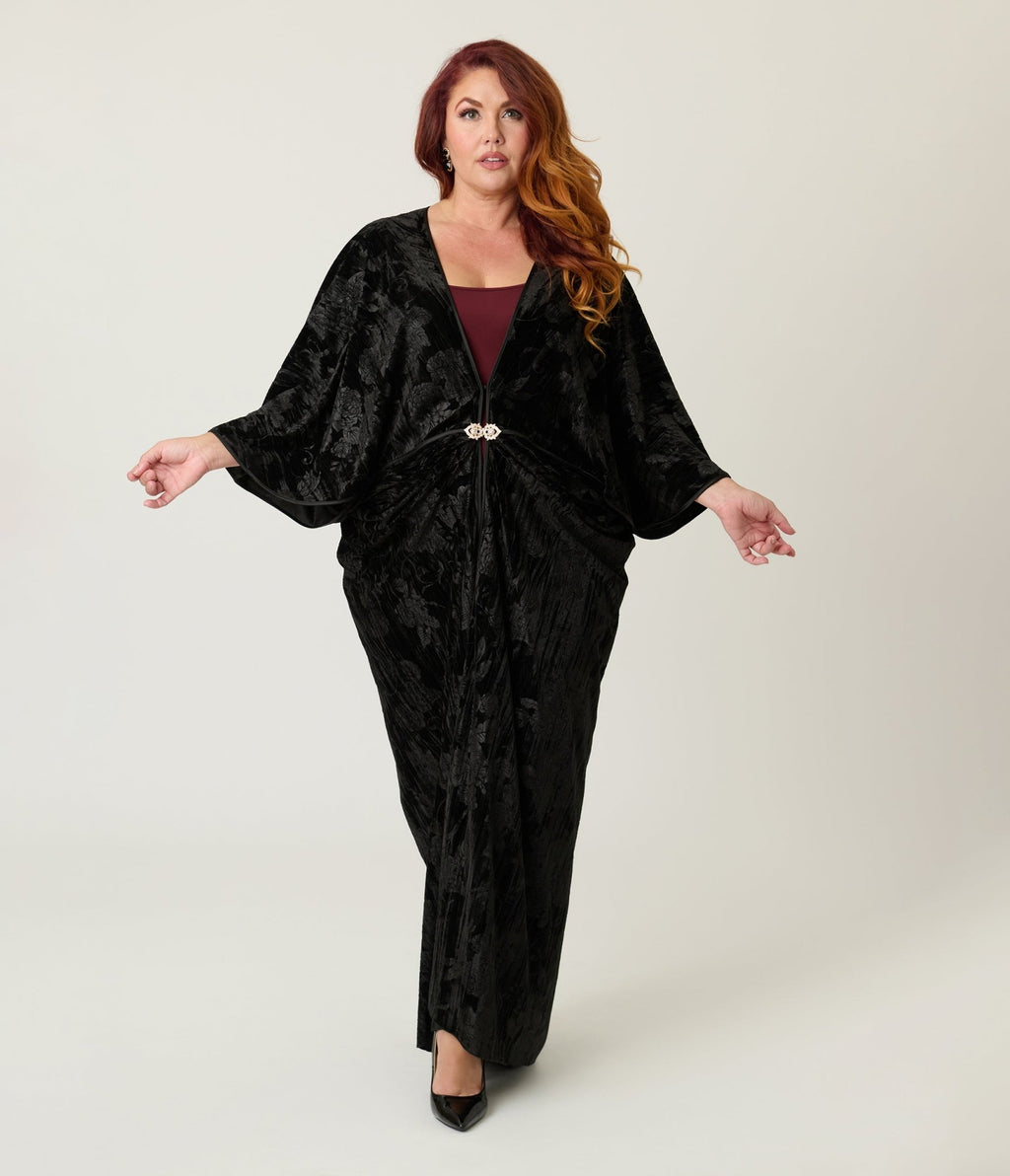 Unique Vintage Black Floral Embossed Velvet Long Kimono - Unique Vintage - Womens, FLAPPER, COATS