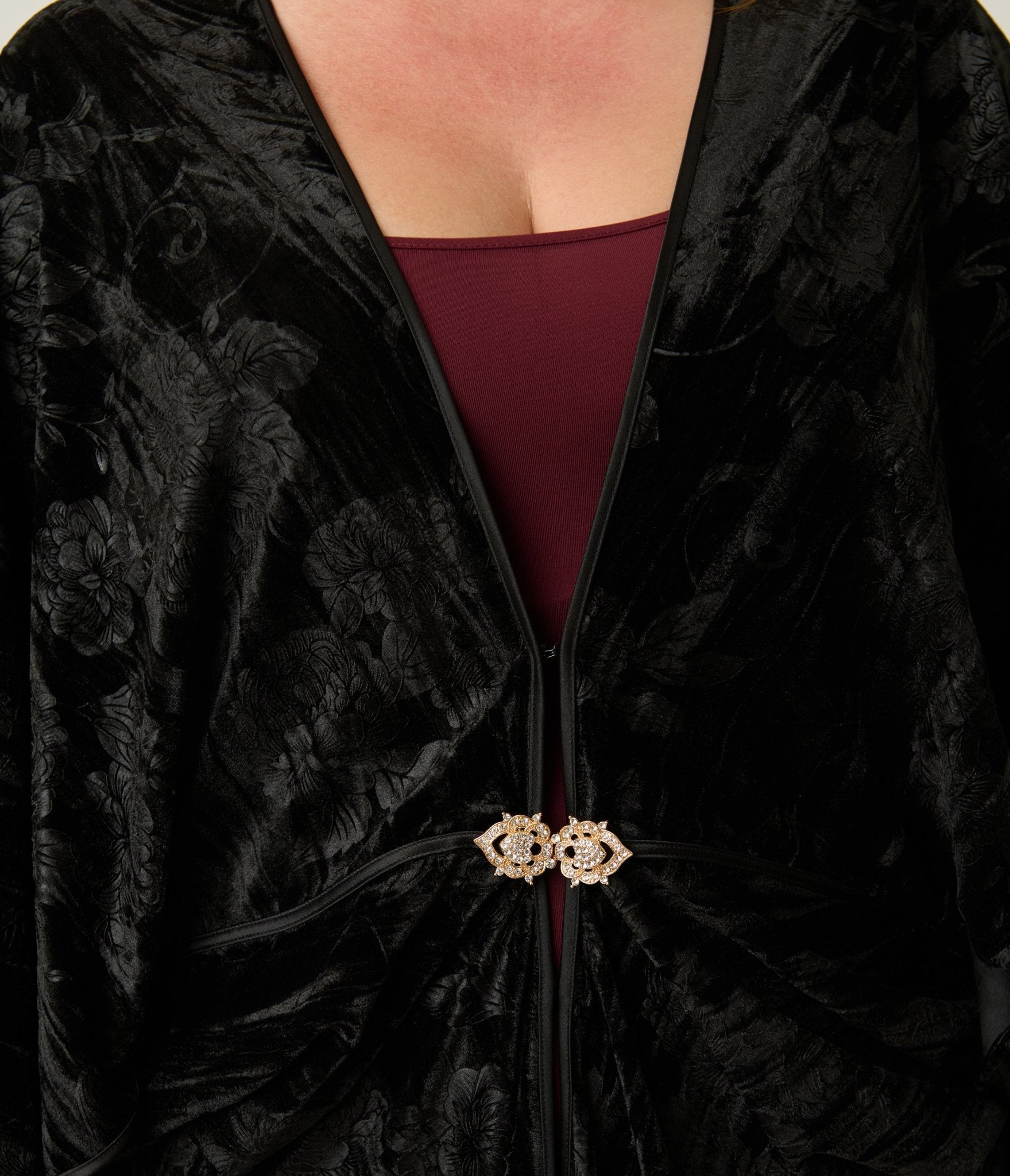 Unique Vintage Black Floral Embossed Velvet Long Kimono - Unique Vintage - Womens, FLAPPER, COATS