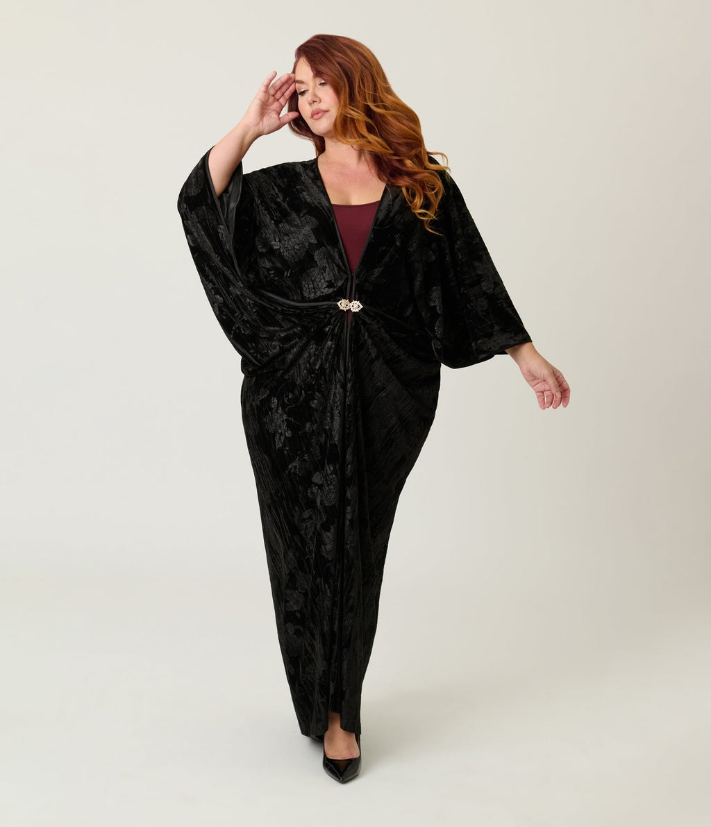 Unique Vintage Black Floral Embossed Velvet Long Kimono - Unique Vintage - Womens, FLAPPER, COATS
