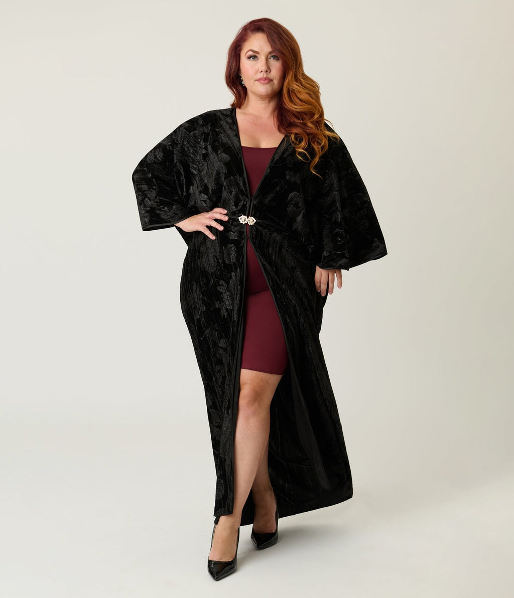 Unique Vintage Black Floral Embossed Velvet Long Kimono - Unique Vintage - Womens, FLAPPER, COATS