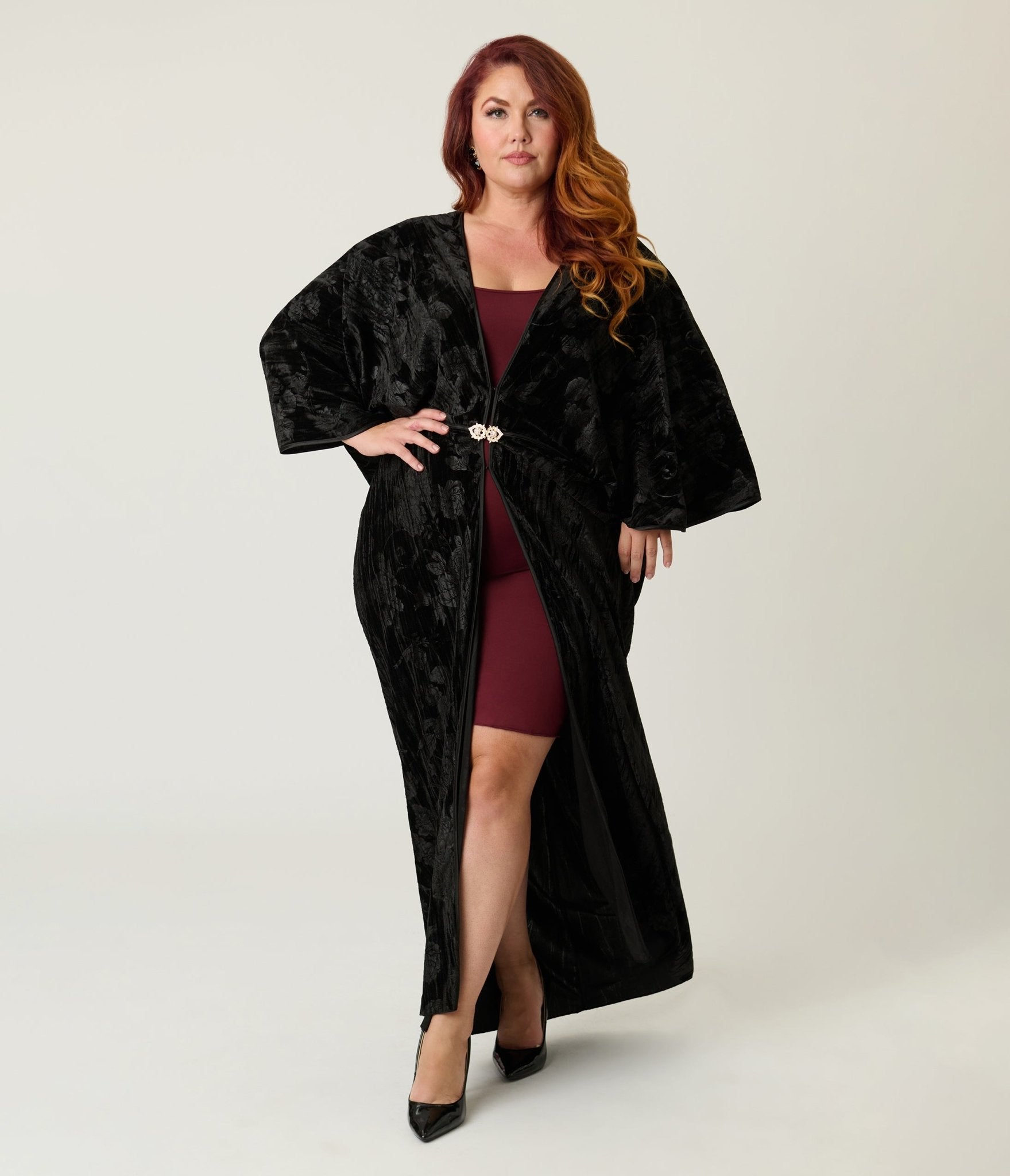 Unique Vintage Black Floral Embossed Velvet Long Kimono - Unique Vintage - Womens, FLAPPER, COATS