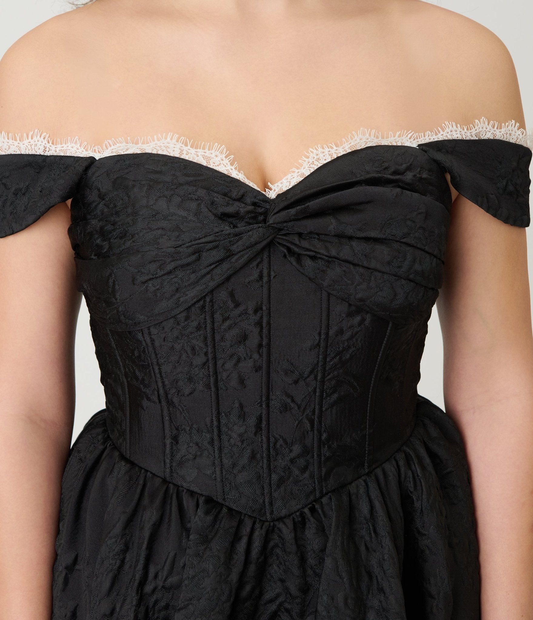 Unique Vintage Black Floral Jacquard Off Shoulder Tea Length Gown - Unique Vintage - Womens, DRESSES, PROM AND SPECIAL OCCASION