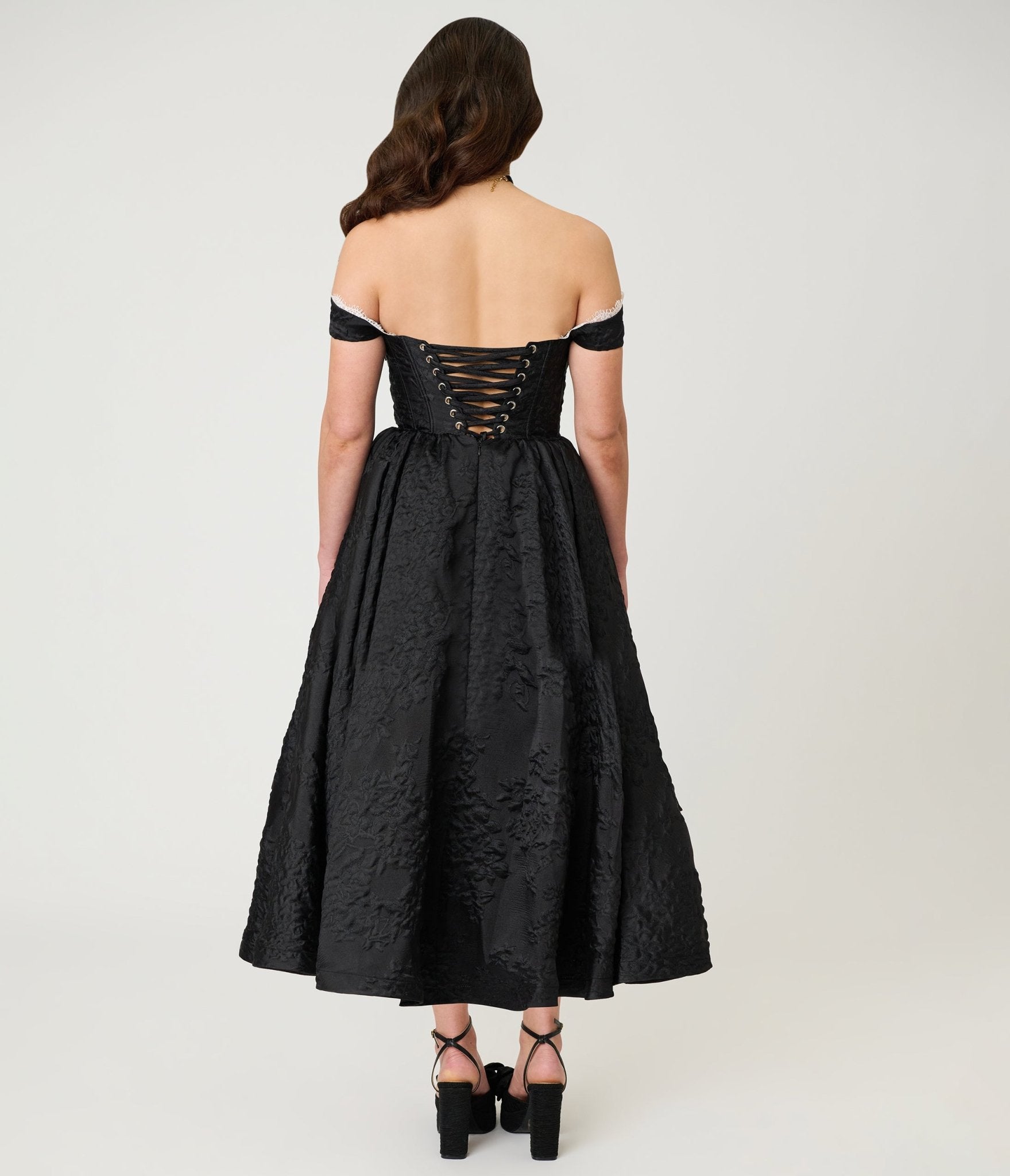 Unique Vintage Black Floral Jacquard Off Shoulder Tea Length Gown - Unique Vintage - Womens, DRESSES, PROM AND SPECIAL OCCASION