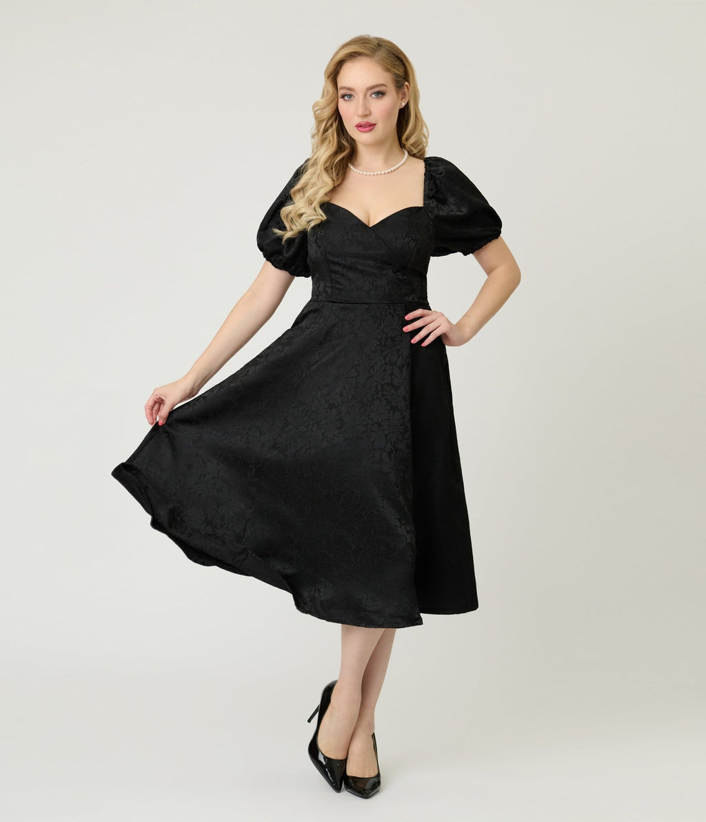 Unique Vintage Black Floral Jacquard Sweetheart Swing Dress - Unique Vintage - Womens, DRESSES, SWING