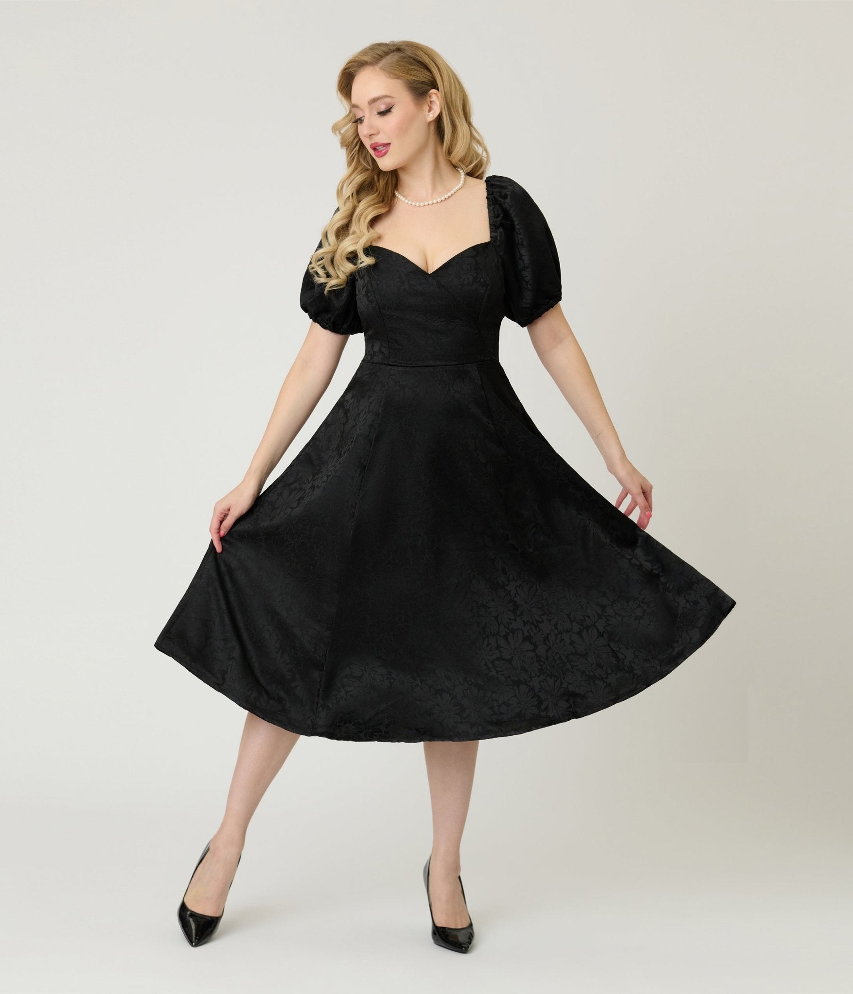 Unique Vintage Black Floral Jacquard Sweetheart Swing Dress