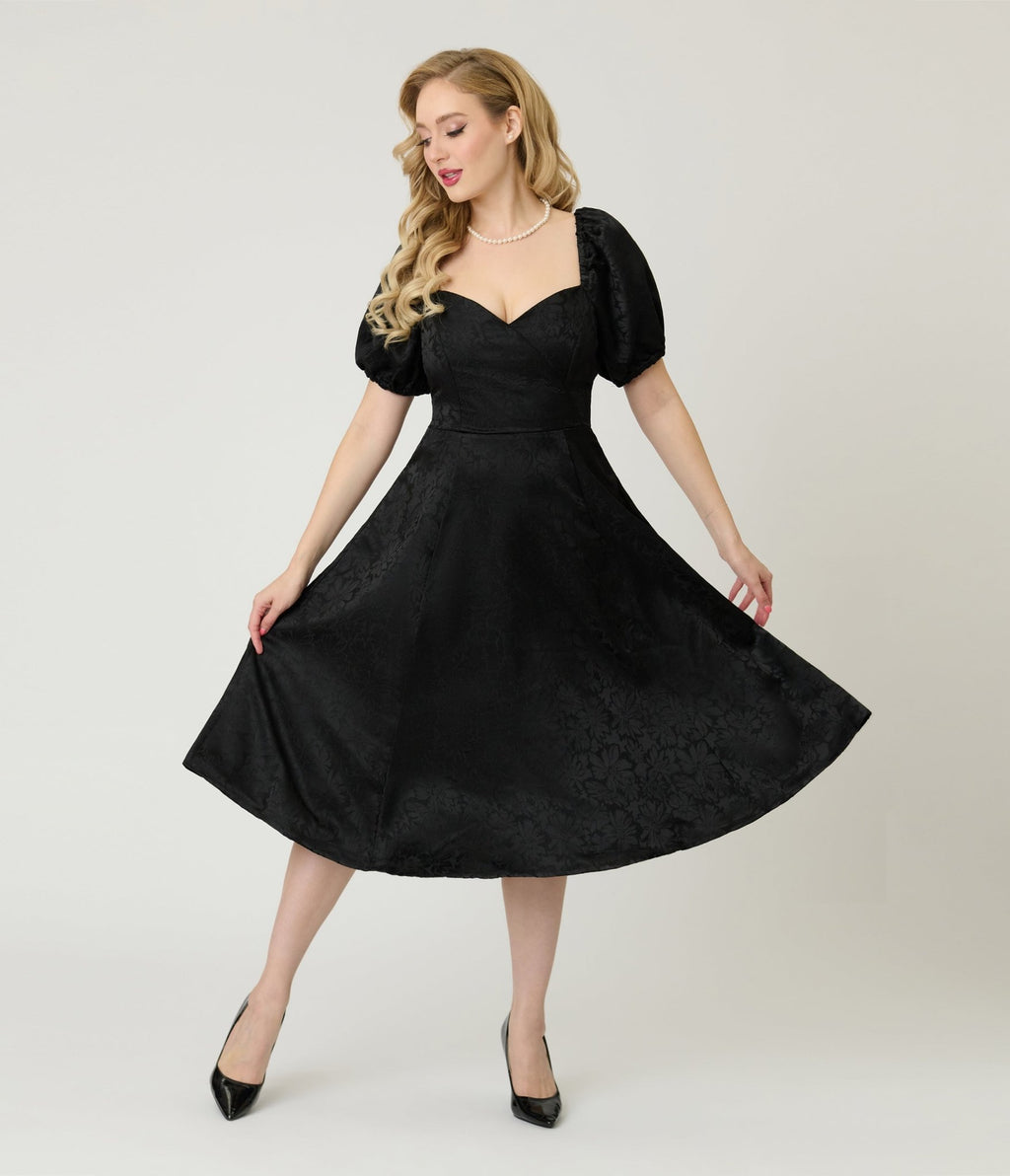 Unique Vintage Black Floral Jacquard Sweetheart Swing Dress Unique Vintage Black Floral Jacquard Sweetheart Swing Dress