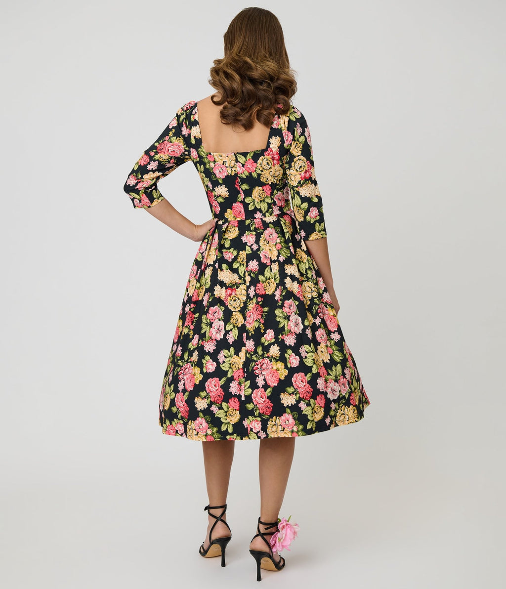 Unique Vintage Black Floral Lamar Swing Dress - Unique Vintage - Womens, DRESSES, SWING