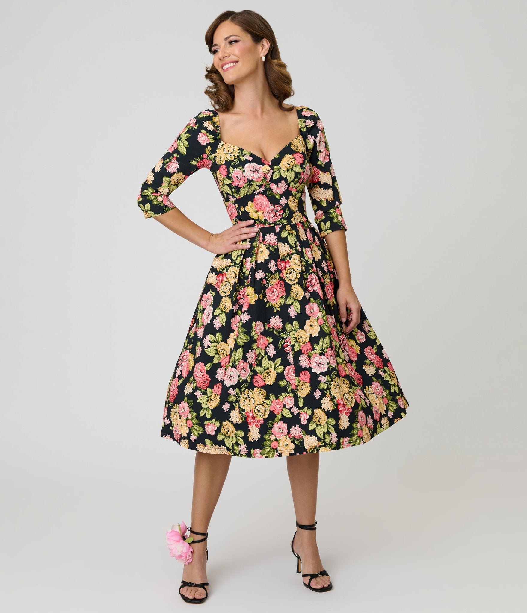 Unique Vintage Black Floral Lamar Swing Dress - Unique Vintage - Womens, DRESSES, SWING
