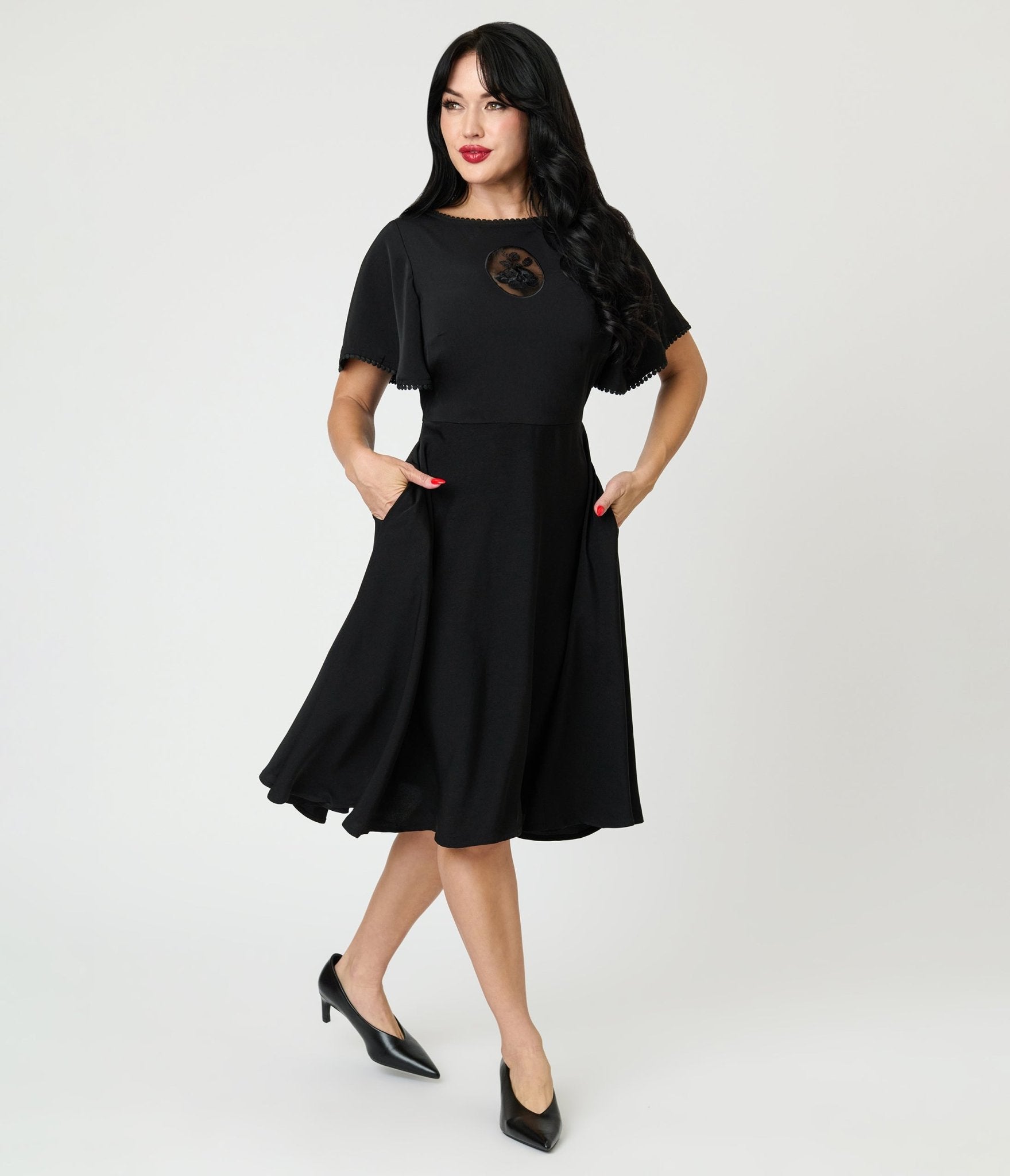 Unique Vintage Black Floral Mesh Cutout Swing Dress - Unique Vintage - Womens, DRESSES, SWING