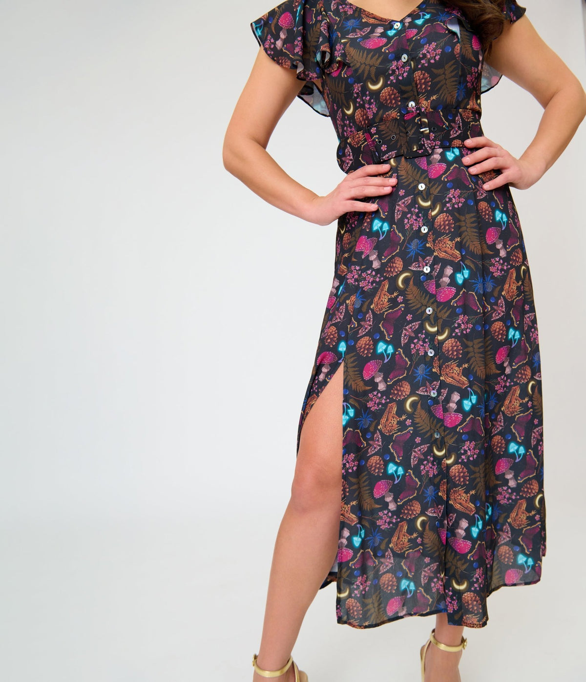 Unique Vintage Black & Forest Mushroom Print Flutter Sleeve Amber Midi Dress - Unique Vintage - Midi Dresses