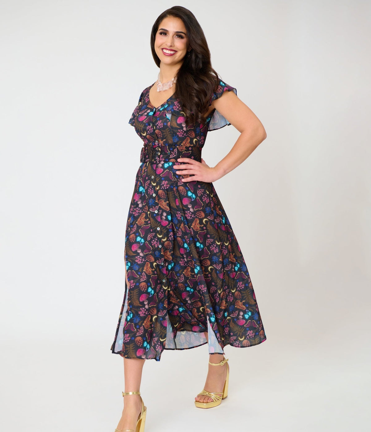 Unique Vintage Black & Forest Mushroom Print Flutter Sleeve Amber Midi Dress - Unique Vintage - Midi Dresses