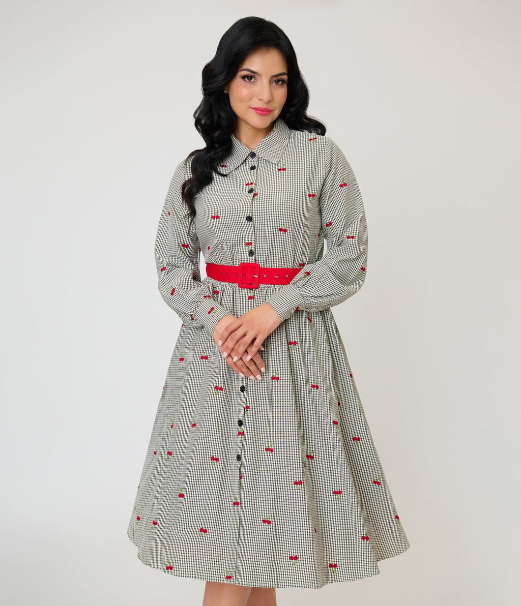 Unique Vintage Black Gingham & Cherries Belted Shirt Dress - Unique Vintage - Womens, DRESSES, SWING