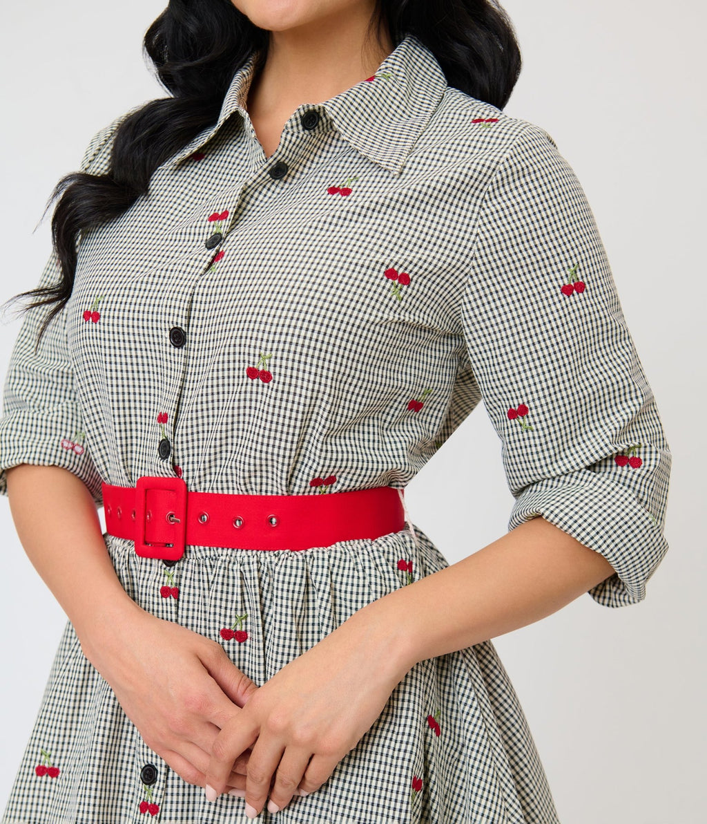 Unique Vintage Black Gingham & Cherries Belted Shirt Dress - Unique Vintage - Womens, DRESSES, SWING