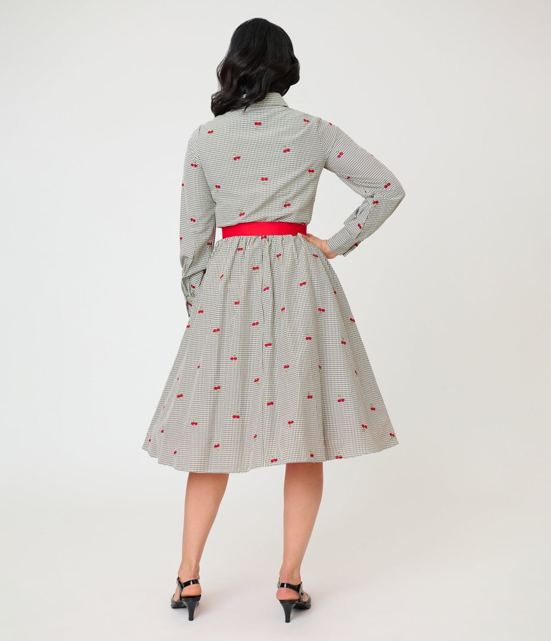 Unique Vintage Black Gingham & Cherries Belted Shirt Dress - Unique Vintage - Womens, DRESSES, SWING