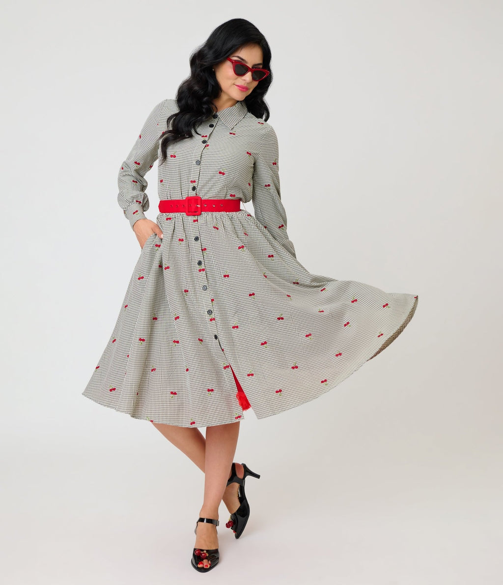 Unique Vintage Black Gingham & Cherries Belted Shirt Dress - Unique Vintage - Womens, DRESSES, SWING