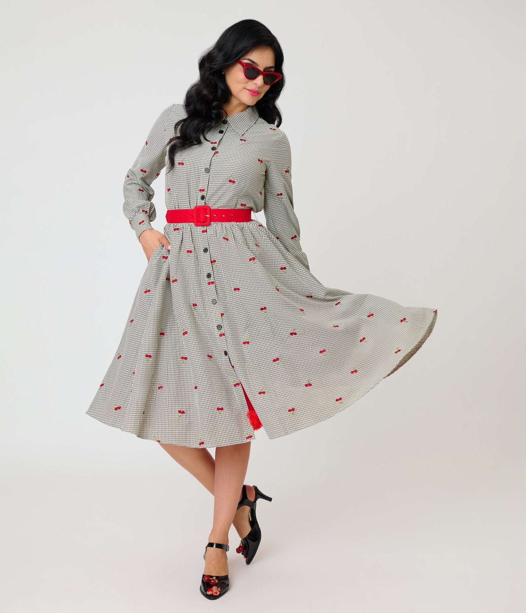 Unique Vintage Black Gingham & Cherries Belted Shirt Dress - Unique Vintage - Womens, DRESSES, SWING