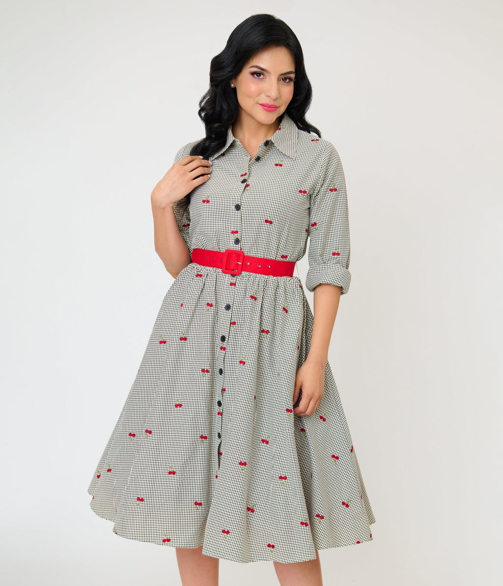 Unique Vintage Black Gingham & Cherries Belted Shirt Dress - Unique Vintage - Womens, DRESSES, SWING