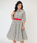 Unique Vintage Black Gingham & Cherries Belted Shirt Dress - Unique Vintage - Womens, DRESSES, SWING