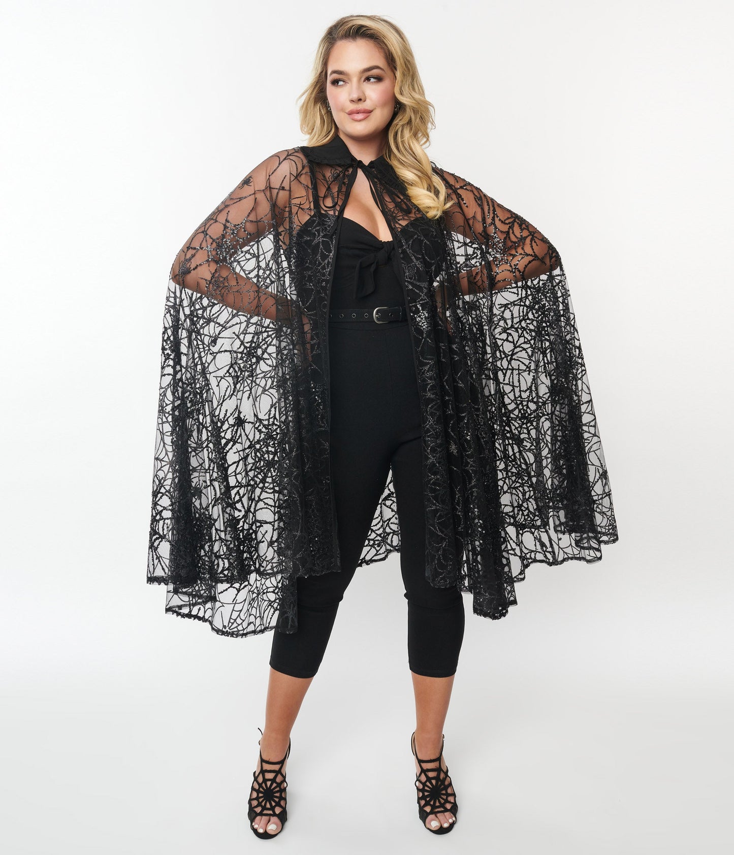 Unique Vintage Black Glitter Spiderweb Mesh Cape - Unique Vintage - Womens, HALLOWEEN, TOPS