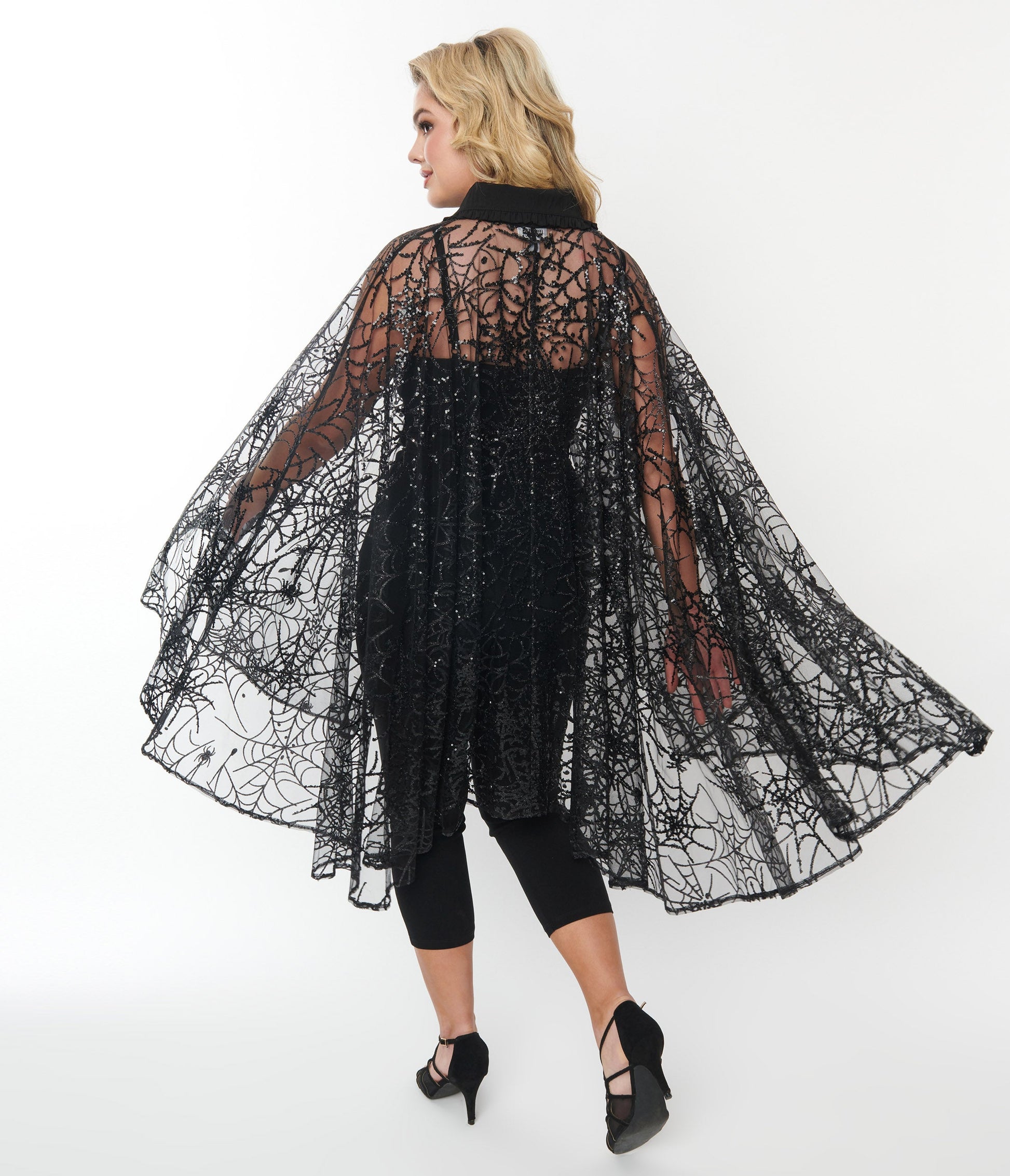 Unique Vintage Black Glitter Spiderweb Mesh Cape - Unique Vintage - Womens, HALLOWEEN, TOPS