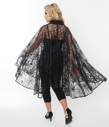 Unique Vintage Black Glitter Spiderweb Mesh Cape - Unique Vintage - Womens, HALLOWEEN, TOPS