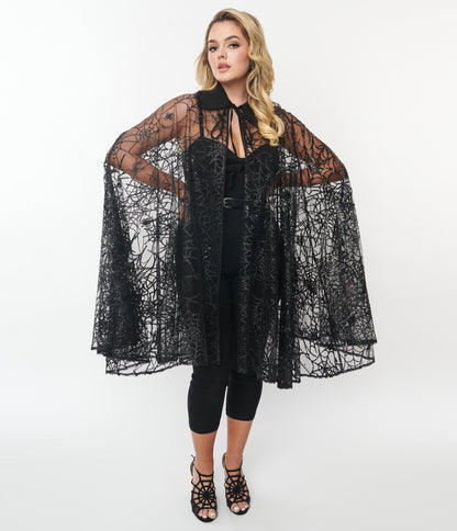 Unique Vintage Black Glitter Spiderweb Mesh Cape - Unique Vintage - Womens, HALLOWEEN, TOPS