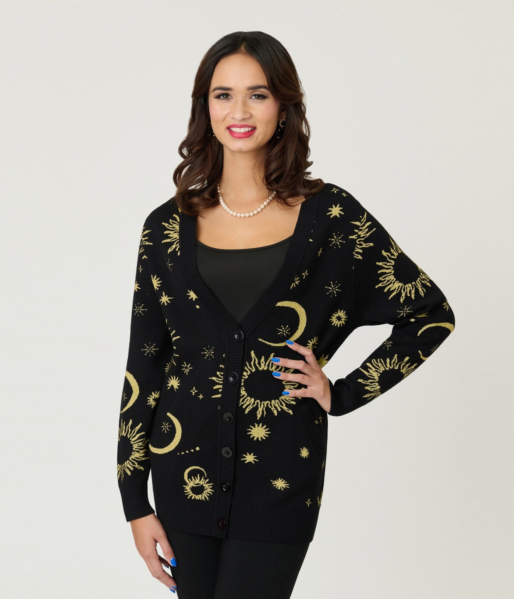 Unique Vintage Black & Gold Celestial Button Cardigan - Unique Vintage - Womens, TOPS, SWEATERS