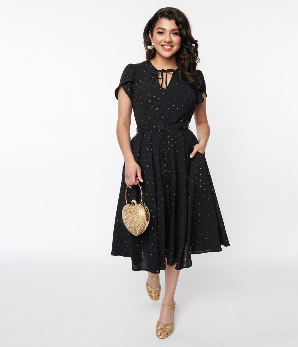 Unique Vintage Black & Gold Clip Dot Dahlia Swing Dress - Unique Vintage - Womens, DRESSES, DOTMC