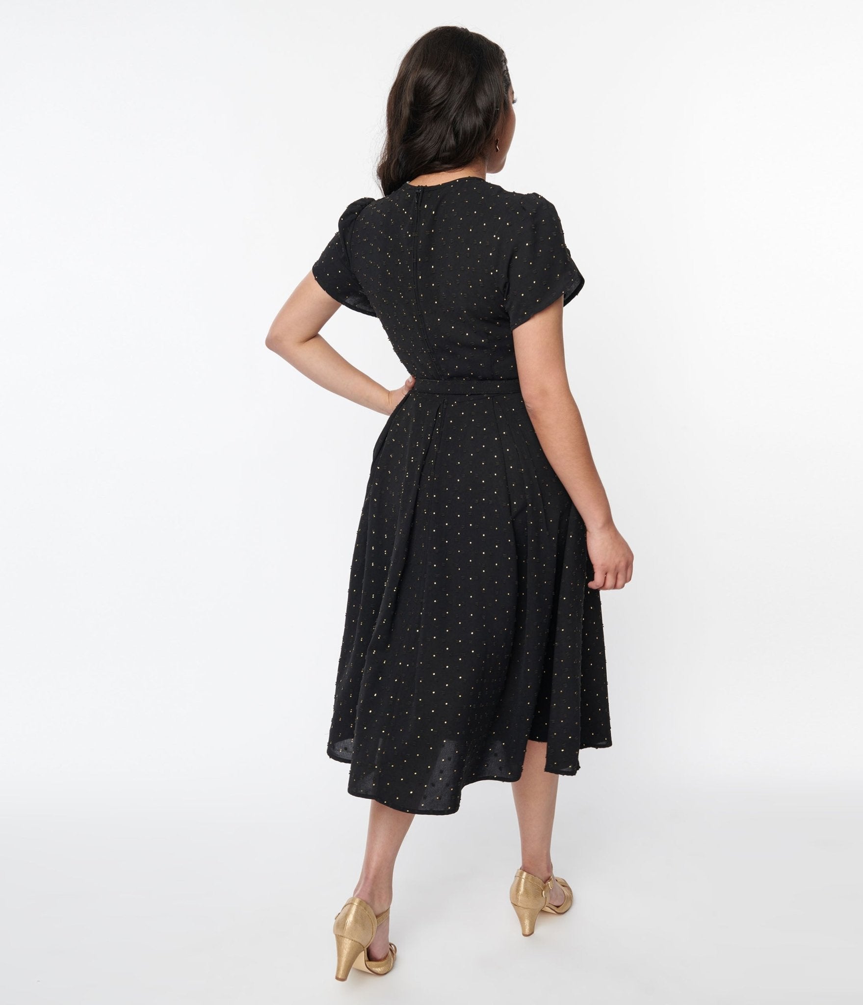 Unique Vintage Black & Gold Clip Dot Dahlia Swing Dress - Unique Vintage - Womens, DRESSES, DOTMC