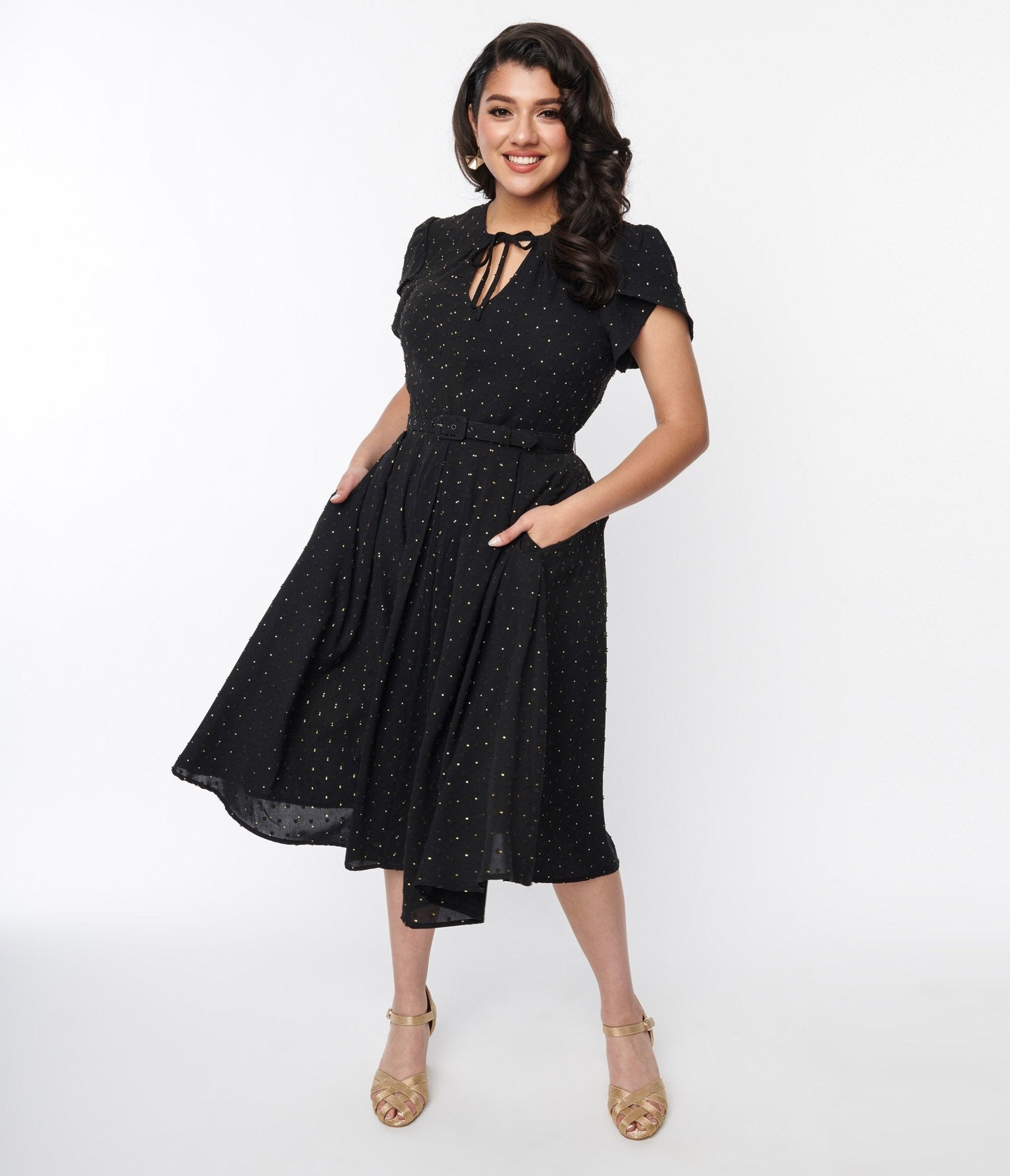 Unique Vintage Black & Gold Clip Dot Dahlia Swing Dress - Unique Vintage - Womens, DRESSES, DOTMC