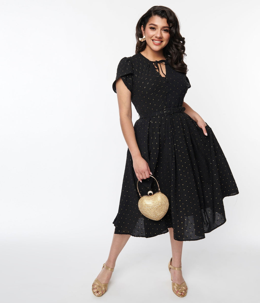 Unique Vintage Black & Gold Clip Dot Dahlia Swing Dress - Unique Vintage - Womens, DRESSES, DOTMC