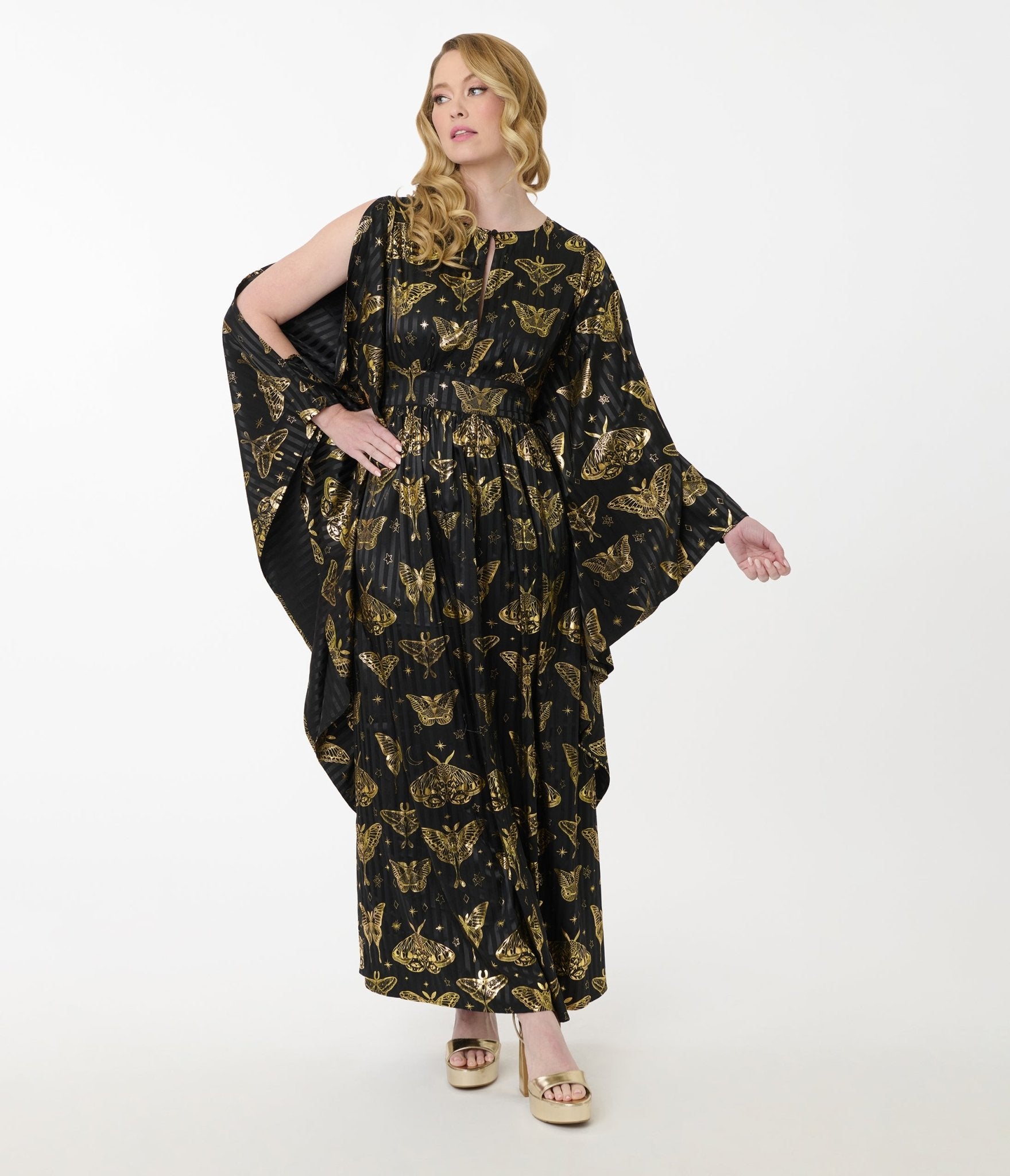 Unique Vintage Black & Gold Moth Flutter Sleeve Caftan - Unique Vintage - Womens, DRESSES, MAXI