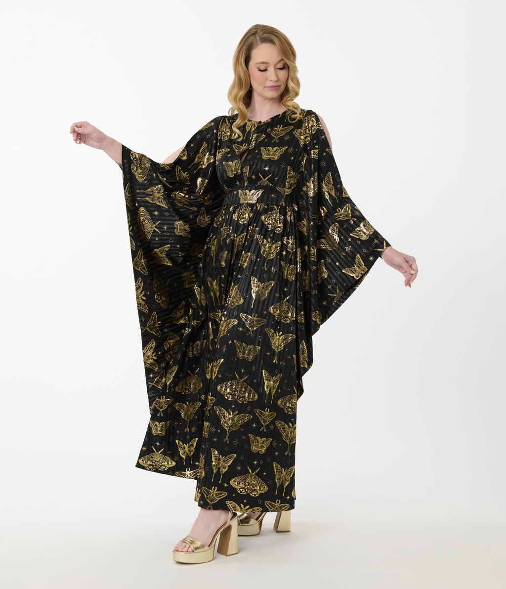 Unique Vintage Black & Gold Moth Flutter Sleeve Caftan - Unique Vintage - Womens, DRESSES, MAXI