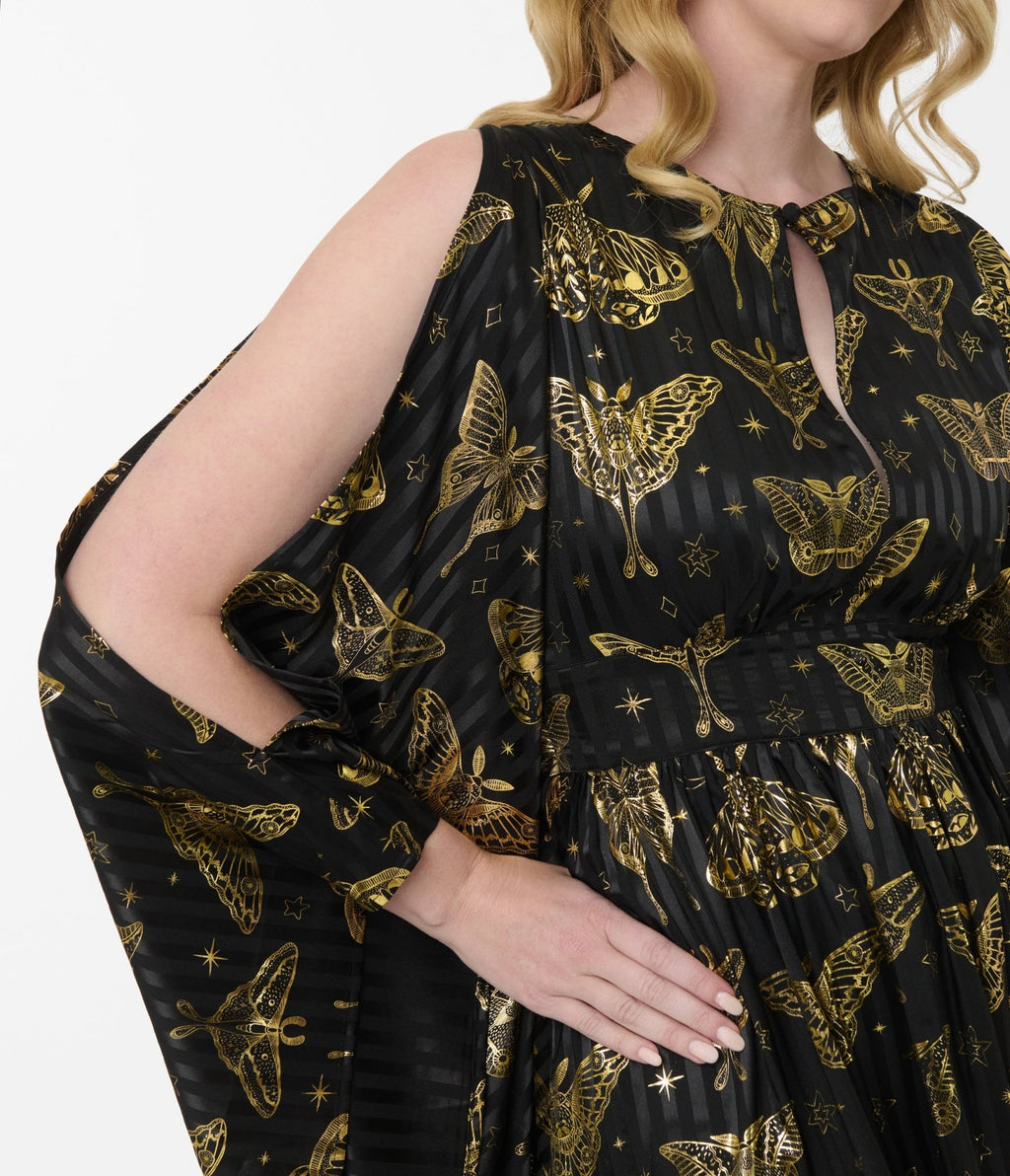 Unique Vintage Black & Gold Moth Flutter Sleeve Caftan - Unique Vintage - Womens, DRESSES, MAXI